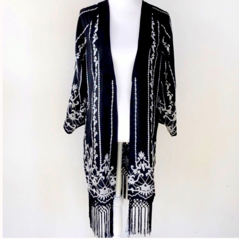 Topshop Embroidered Fringe Kimono Jacket